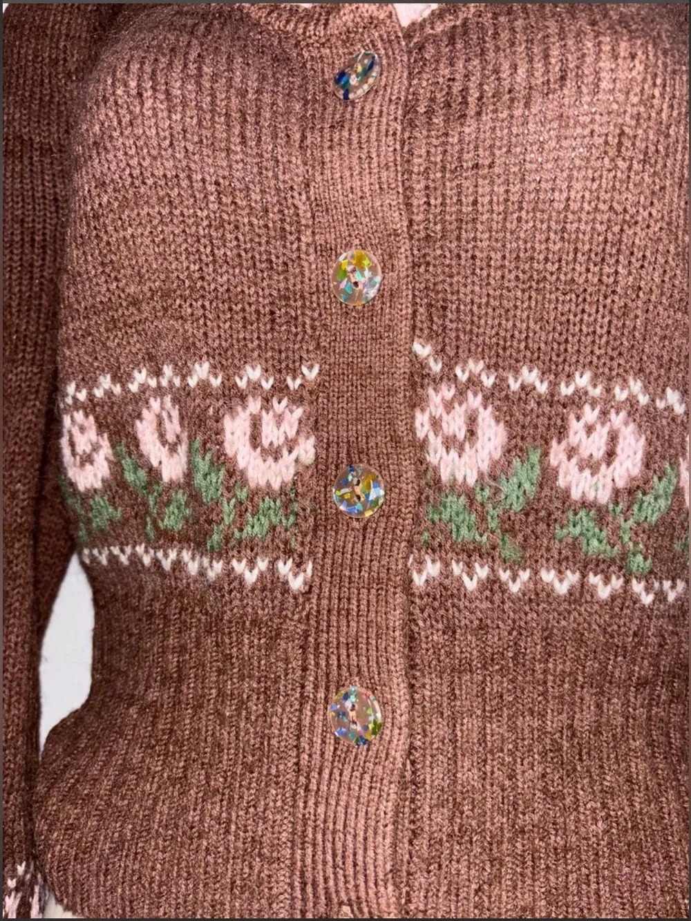 Kimchi Blue Brown Floral Trim Knit Cardigan Sweater - Women’s S - Picture 3 of 6